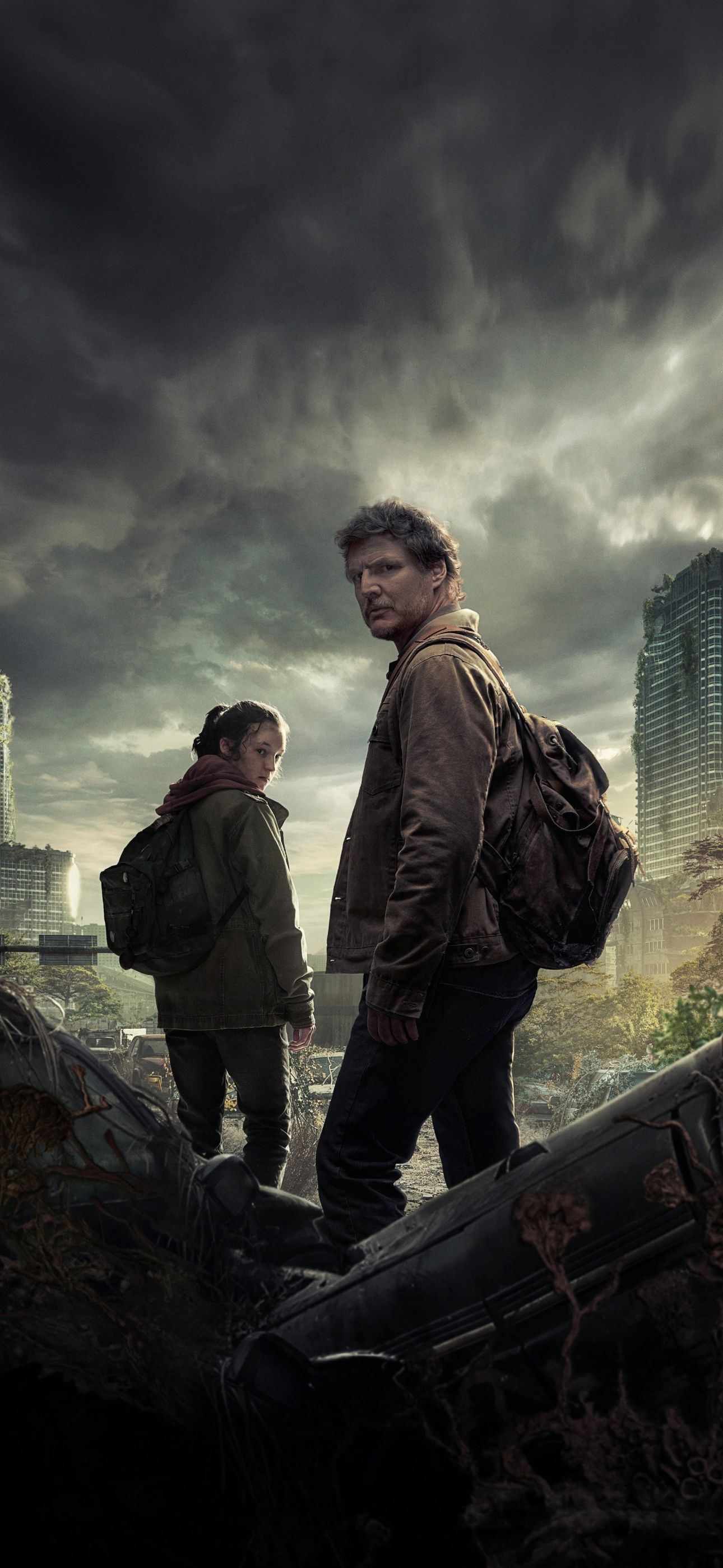 Joel, Ellie, The Last of Us, Wolken, Ruinen, Hintergrundbild für iPhone und Android