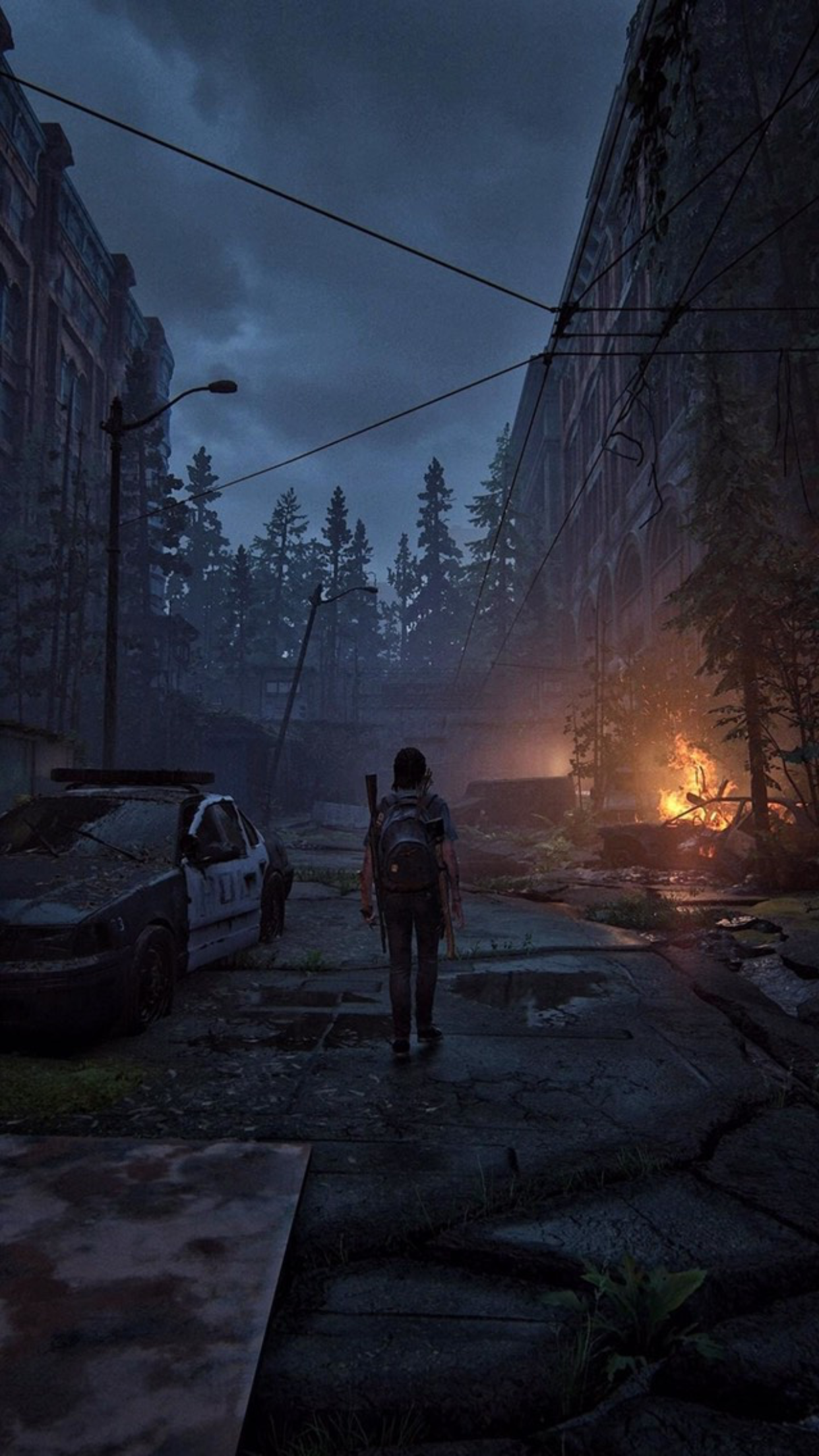 Ellie, The Last of Us Part II, Verlassene Straße, Feuer, Wald, Full HD, iPhone-Hintergrundbild