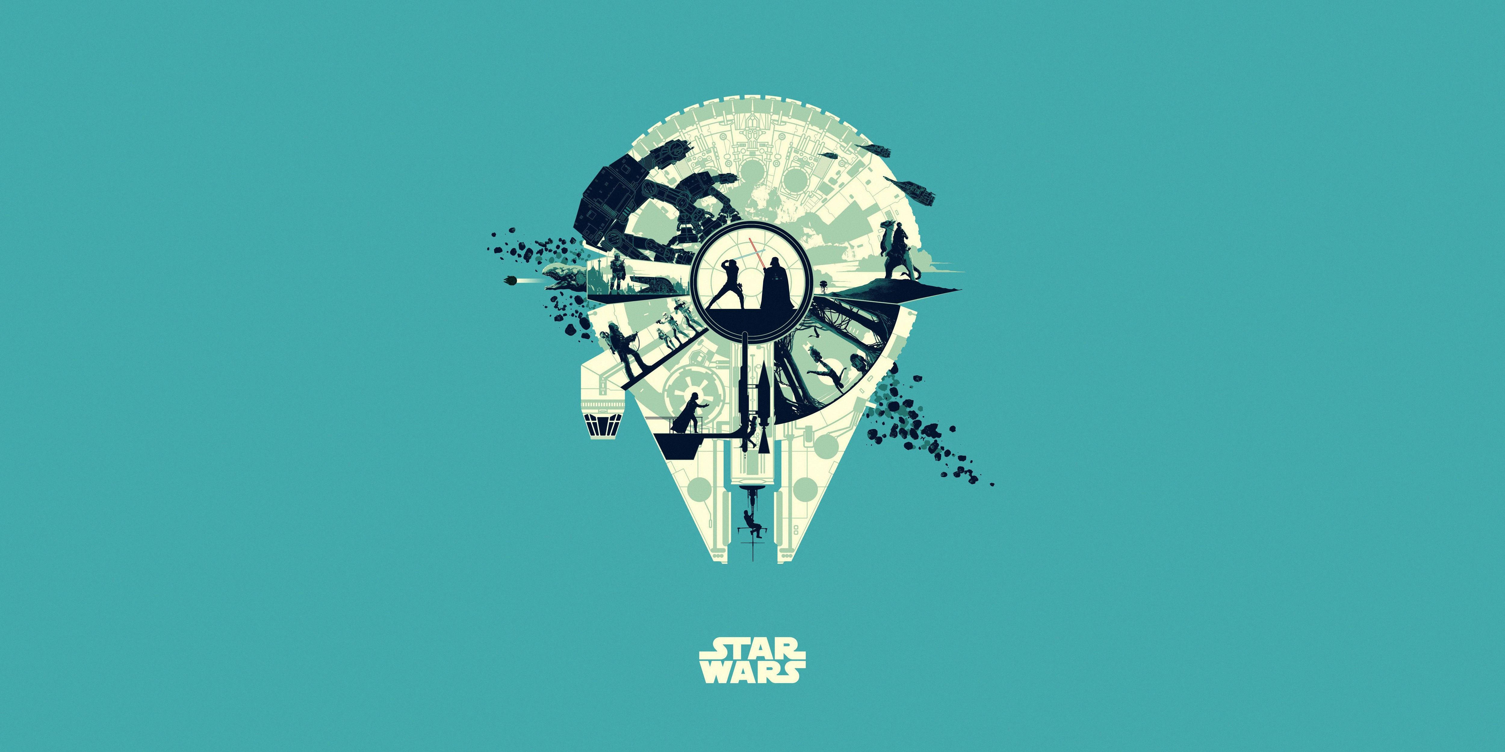 Millennium Falke, Star Wars, Illustration, Türkiser Hintergrund, Minimalistisch, 4K Wallpaper