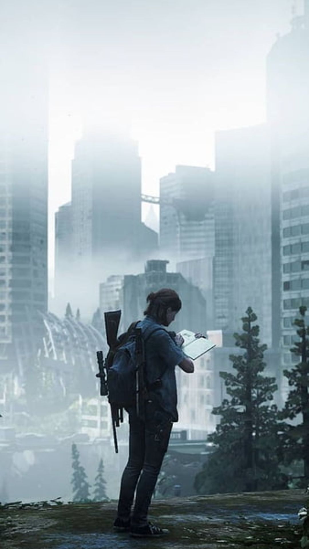 Ellie, The Last of Us Part II, Seattle, Nebel, Skyline, Hochformat, Hintergrundbild fürs Smartphone
