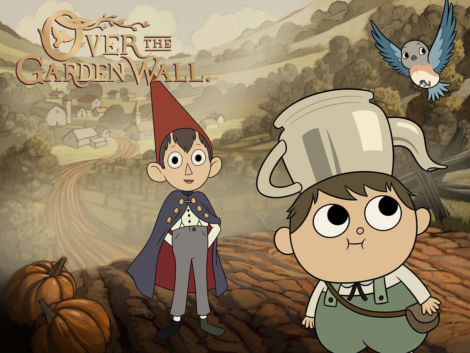 Hinter der Gartenmauer, Over the Garden Wall, Wirt, Greg, Beatrice, Logo, Kürbisse, HD-Tablet-Hintergrundbild