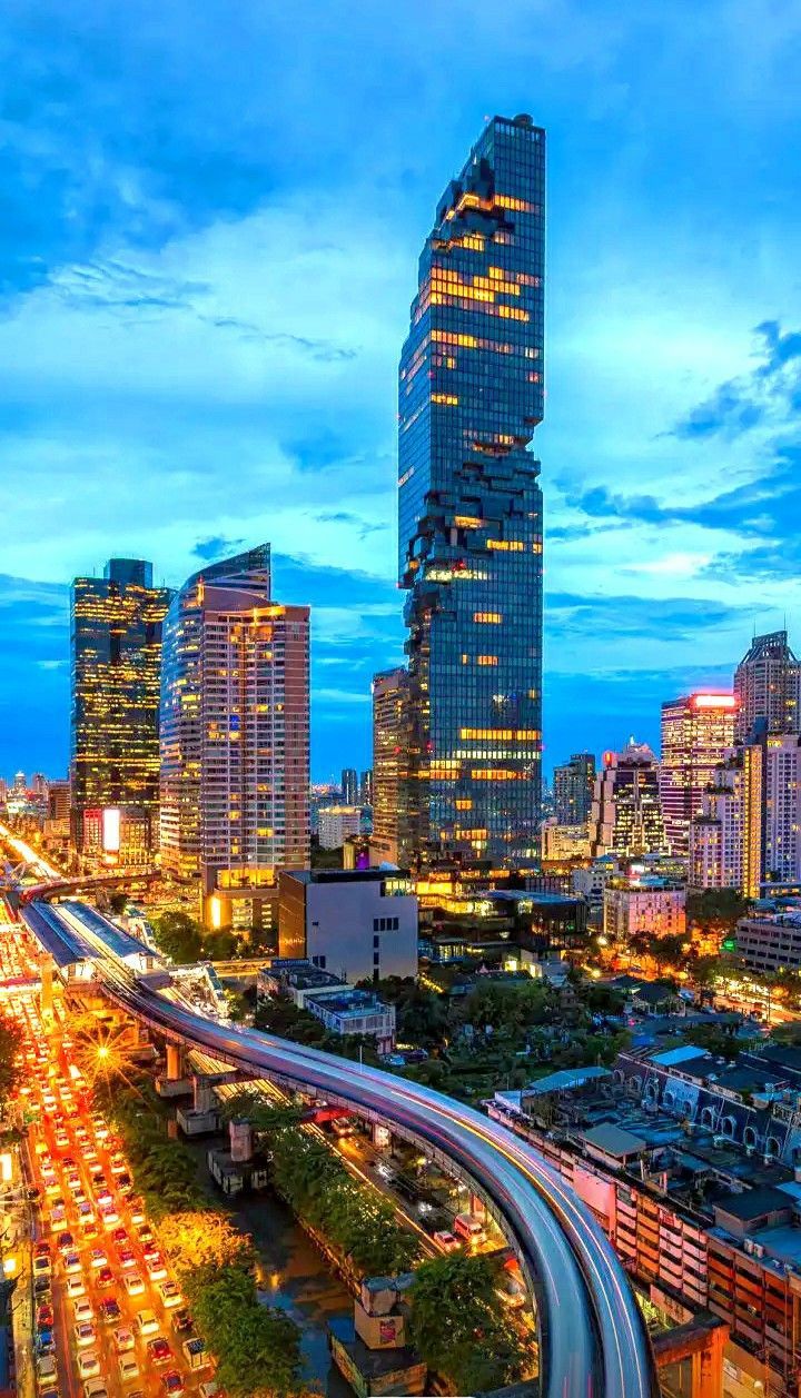MahaNakhon, Bangkok, Thailand, Wolkenkratzer, Skyline, Dämmerung, HD, Handy-Hintergrund