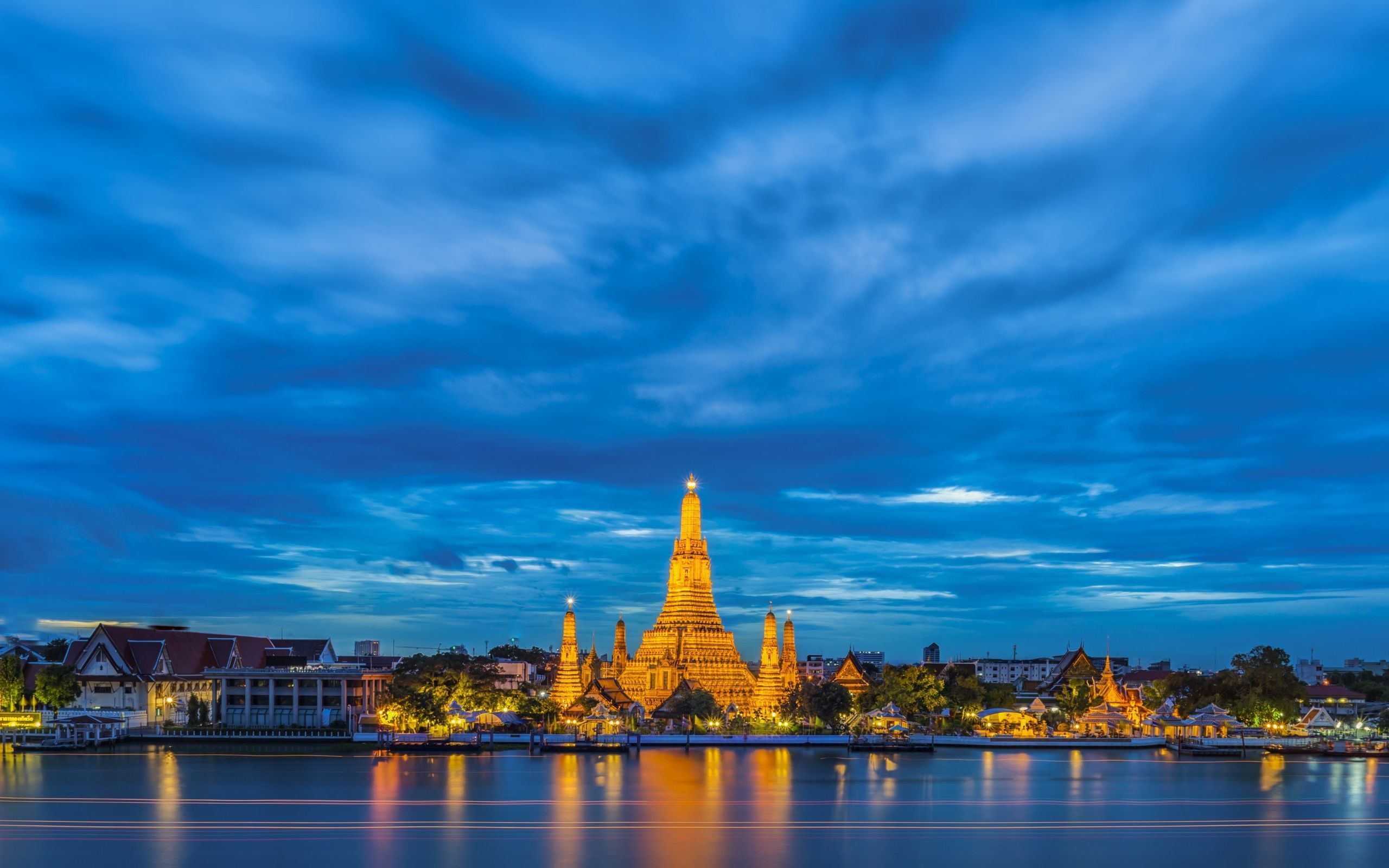 Wat Arun, Bangkok, Thailand, Chao Phraya, Blaue Stunde, Tempel, 2K, Windows-Hintergrundbild