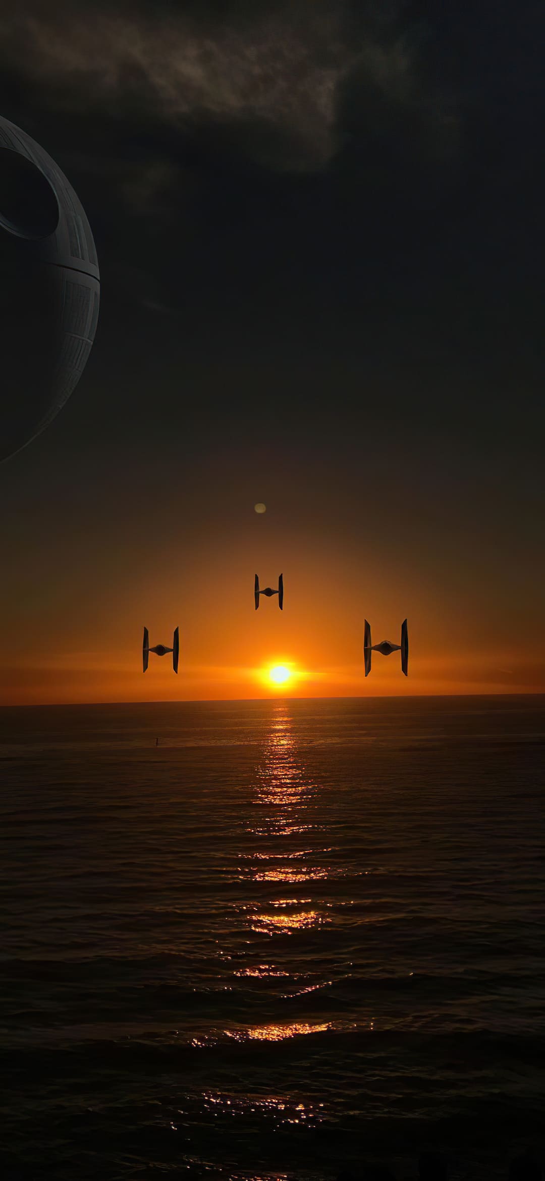 TIE-Fighter, Star Wars, Sonnenuntergang, Meer, Silhouette, Hintergrundbild fürs Handy