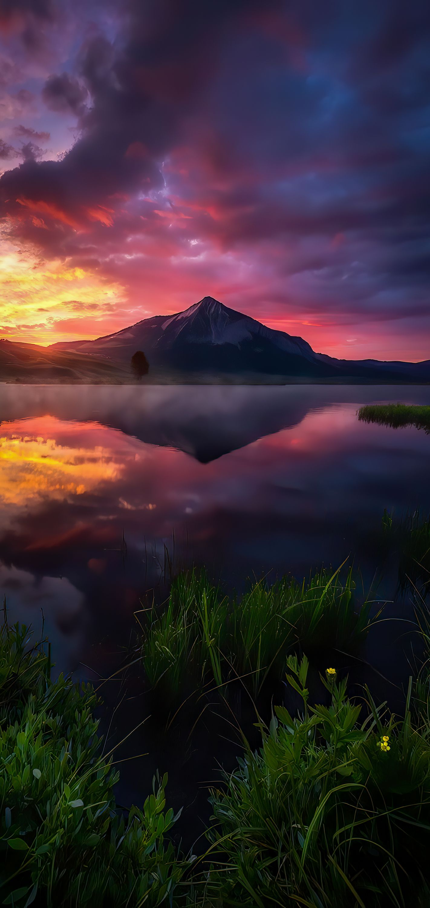 Berg, See, Sonnenuntergang, Dramatischer Himmel, Spiegelung, Full HD, Handy-Hintergrundbild