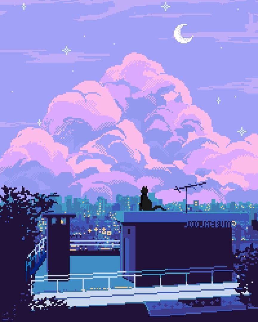 Pixel-Art, Hausboot, Wolken, Mondsichel, Lila Himmel, HD, Hintergrundbild fürs Tablet