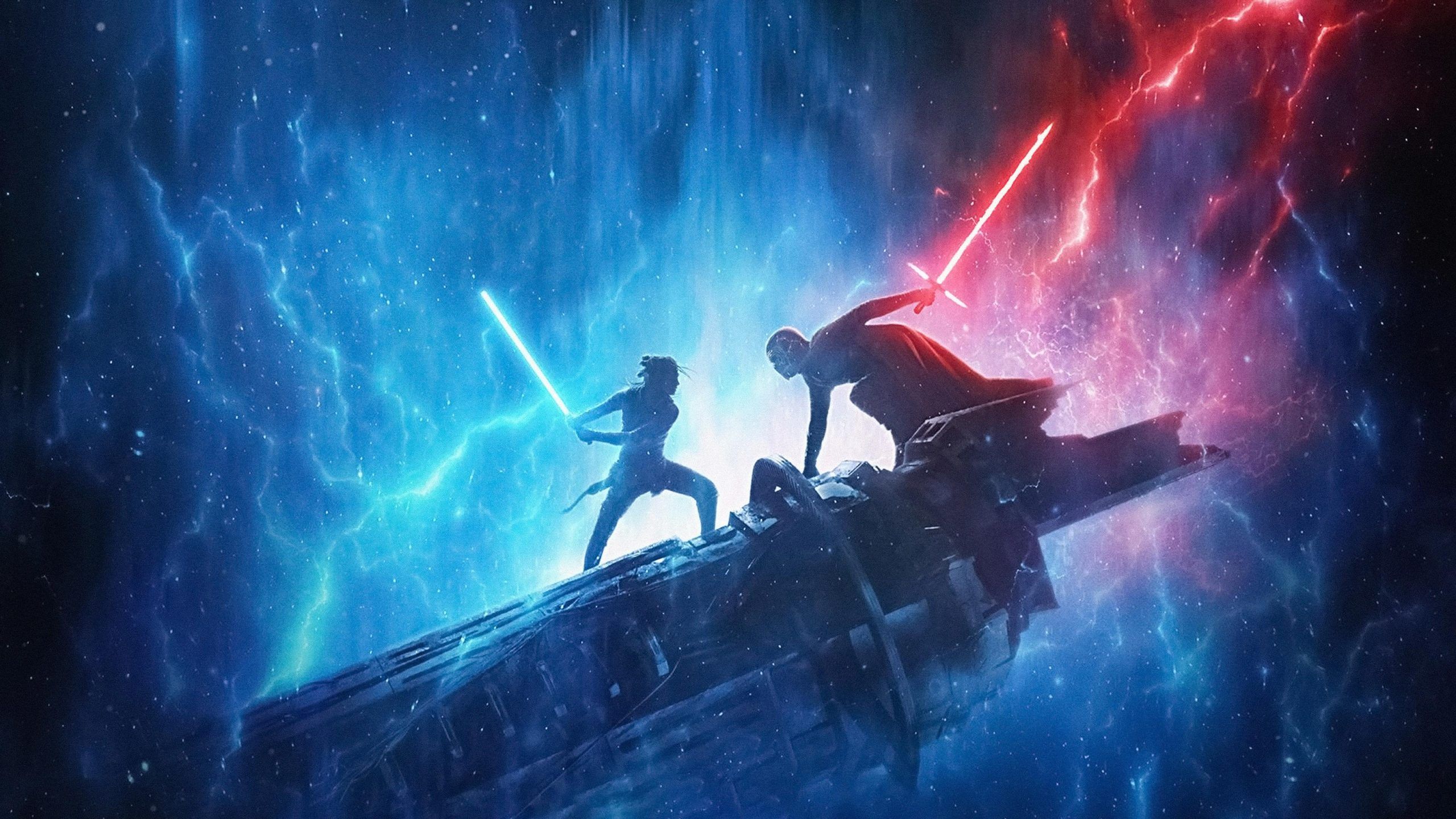 Rey, Kylo Ren, Star Wars: Der Aufstieg Skywalkers, Lichtschwertduell, Blitze, Todessternwrack, 1440p-Hintergrundbild