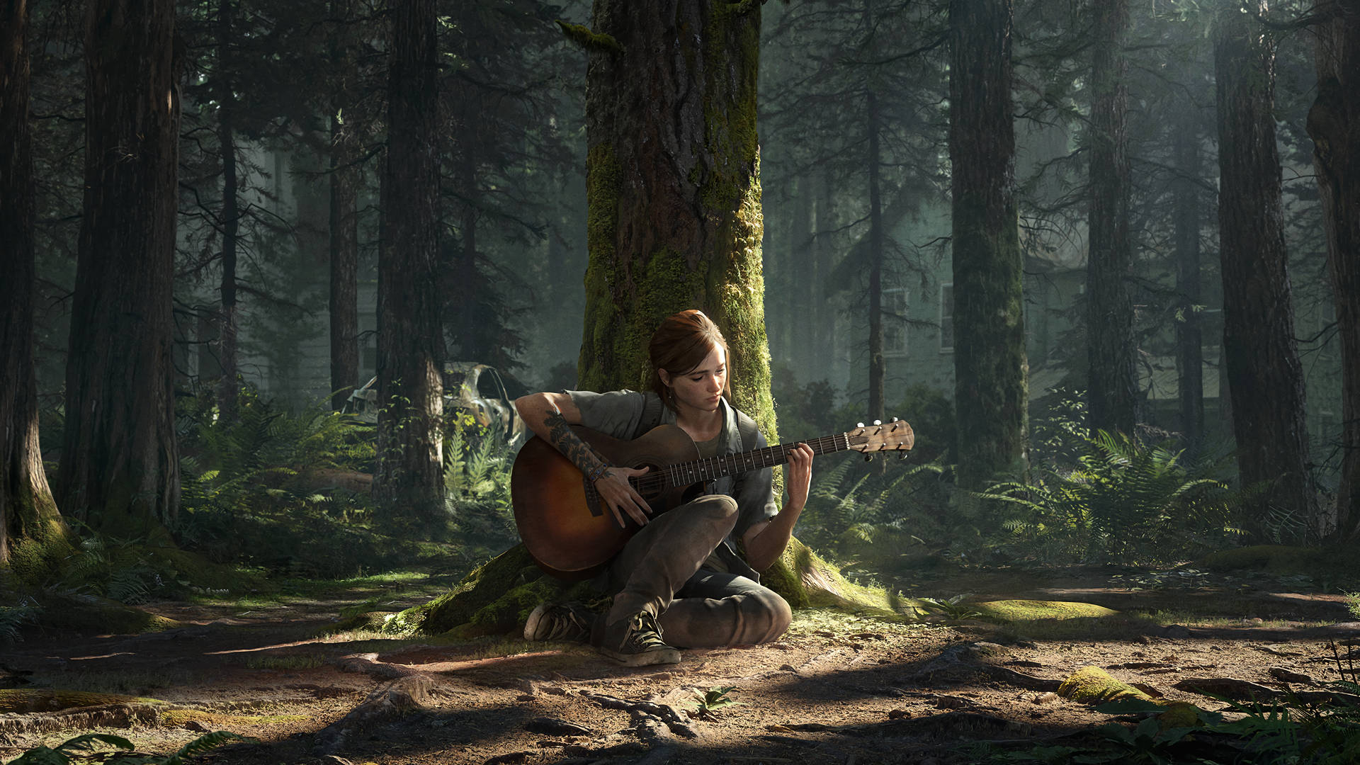 Ellie, The Last of Us Part II, Gitarre, Wald, Baum, Full HD 1080p, Desktop-Hintergrundbild