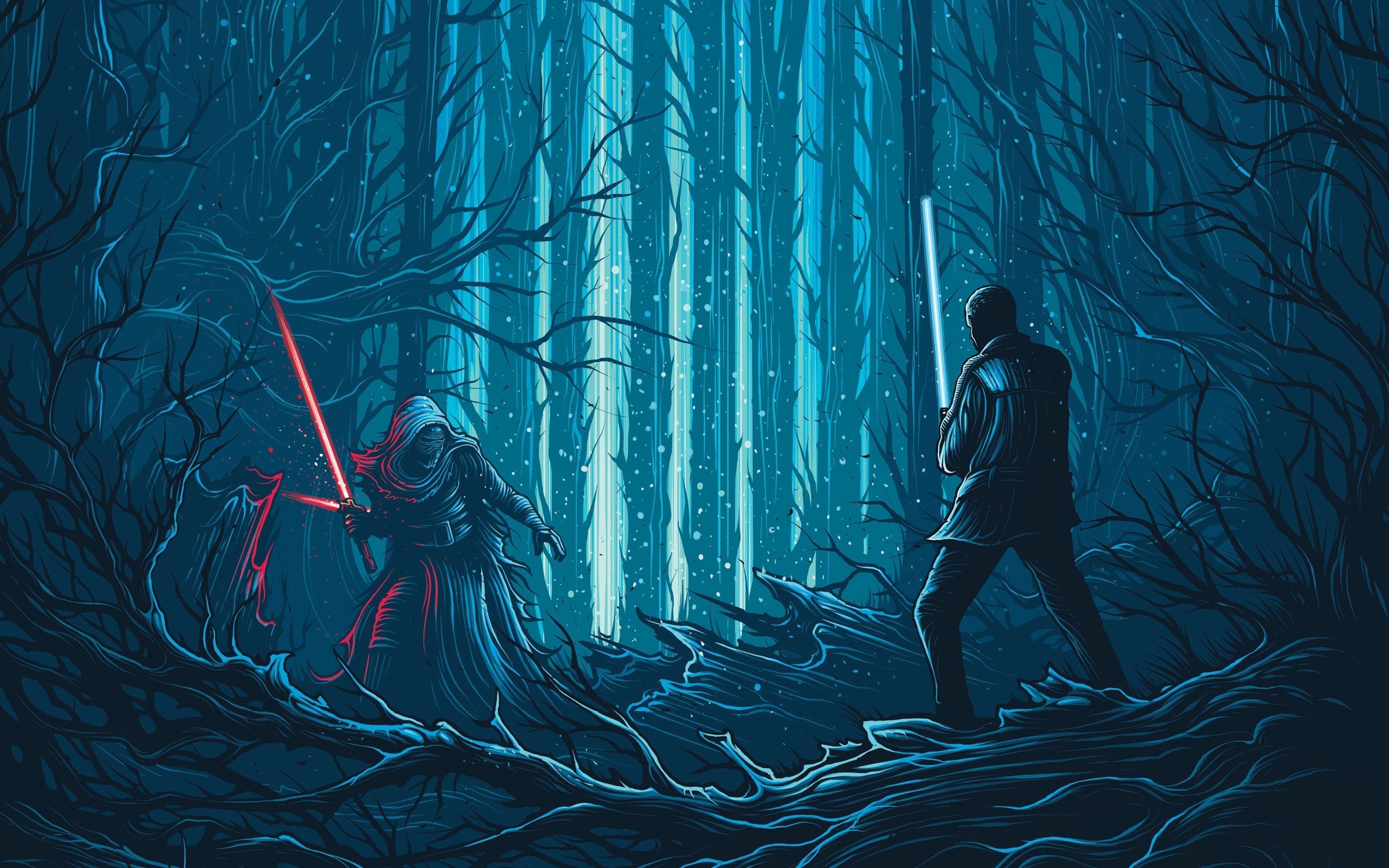 Kylo Ren, Finn, Star Wars: Das Erwachen der Macht, Lichtschwertduell, Wald, Illustration, 2K Wallpaper