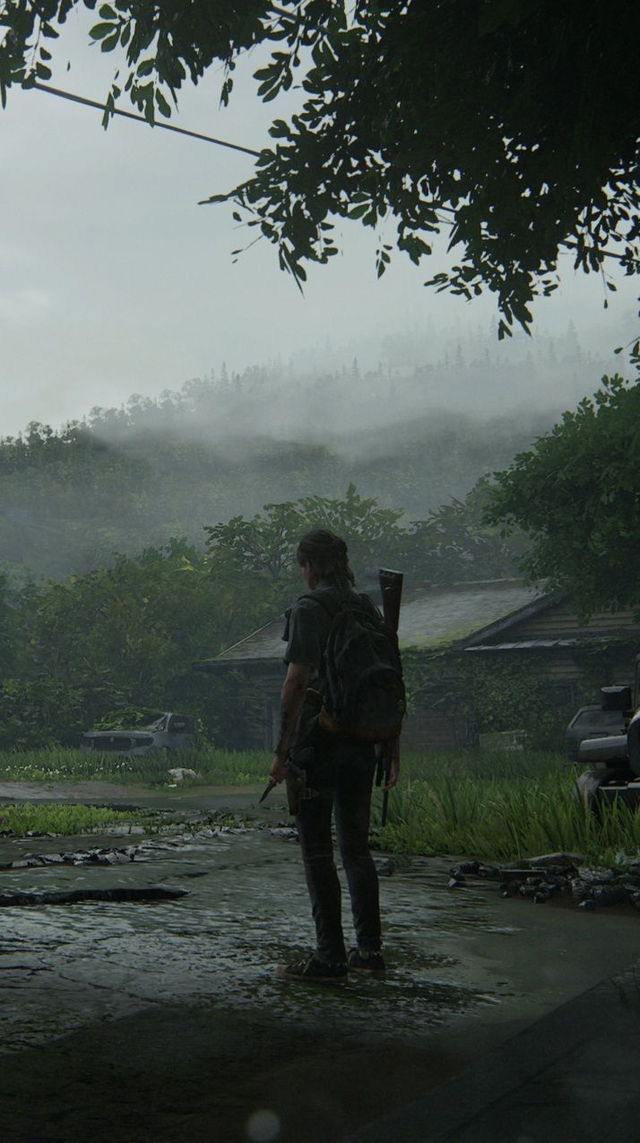Ellie, The Last of Us Part II, Überwucherte Stadt, Rückenansicht, Nebel, Android-Hintergrundbild