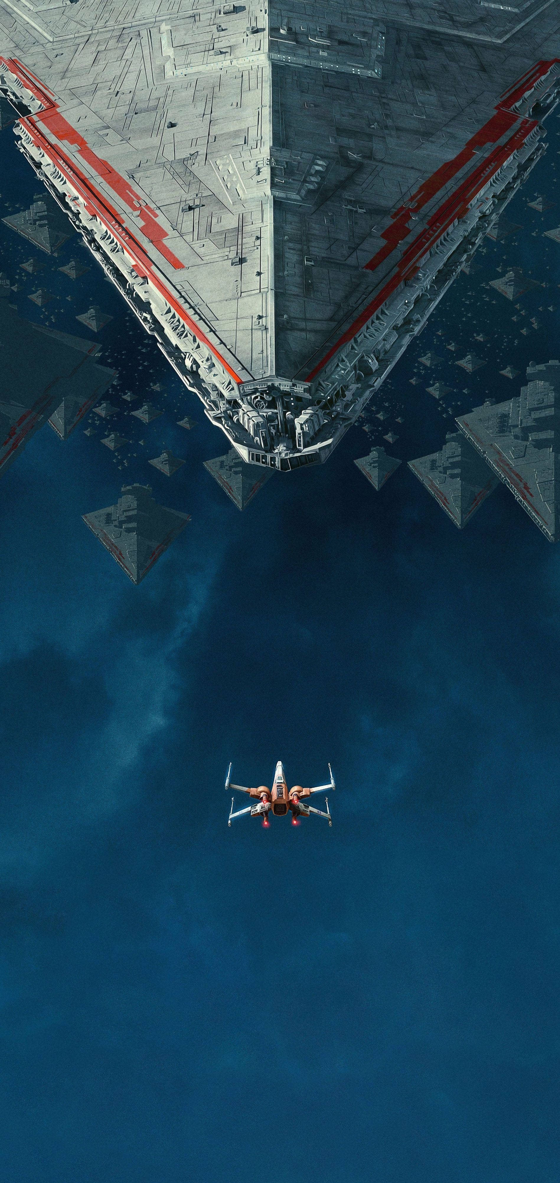 Sternzerstörer, X-Wing, Star Wars, Draufsicht, Ozean, QHD+, Hintergrundbild fürs Handy
