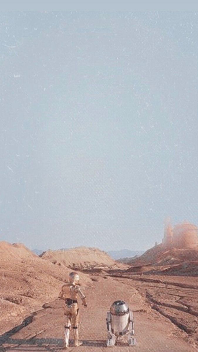 R2-D2, C-3PO, Tatooine, Wüste, Minimalistisch, Hintergrundbild für iPhone und Android