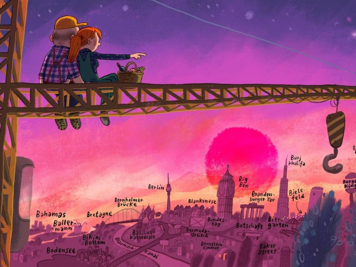 Wirt, Greg, Hinter der Gartenmauer, Fan-Art, Kran, Stadt, Sonnenuntergang, Hintergrundbild fürs Tablet
