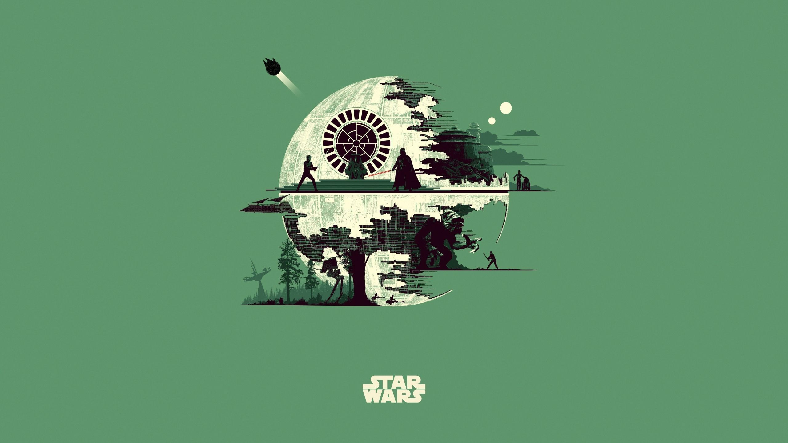 Todesstern, Star Wars, Illustration, Grüner Hintergrund, Minimalistisch, 2K Wallpaper