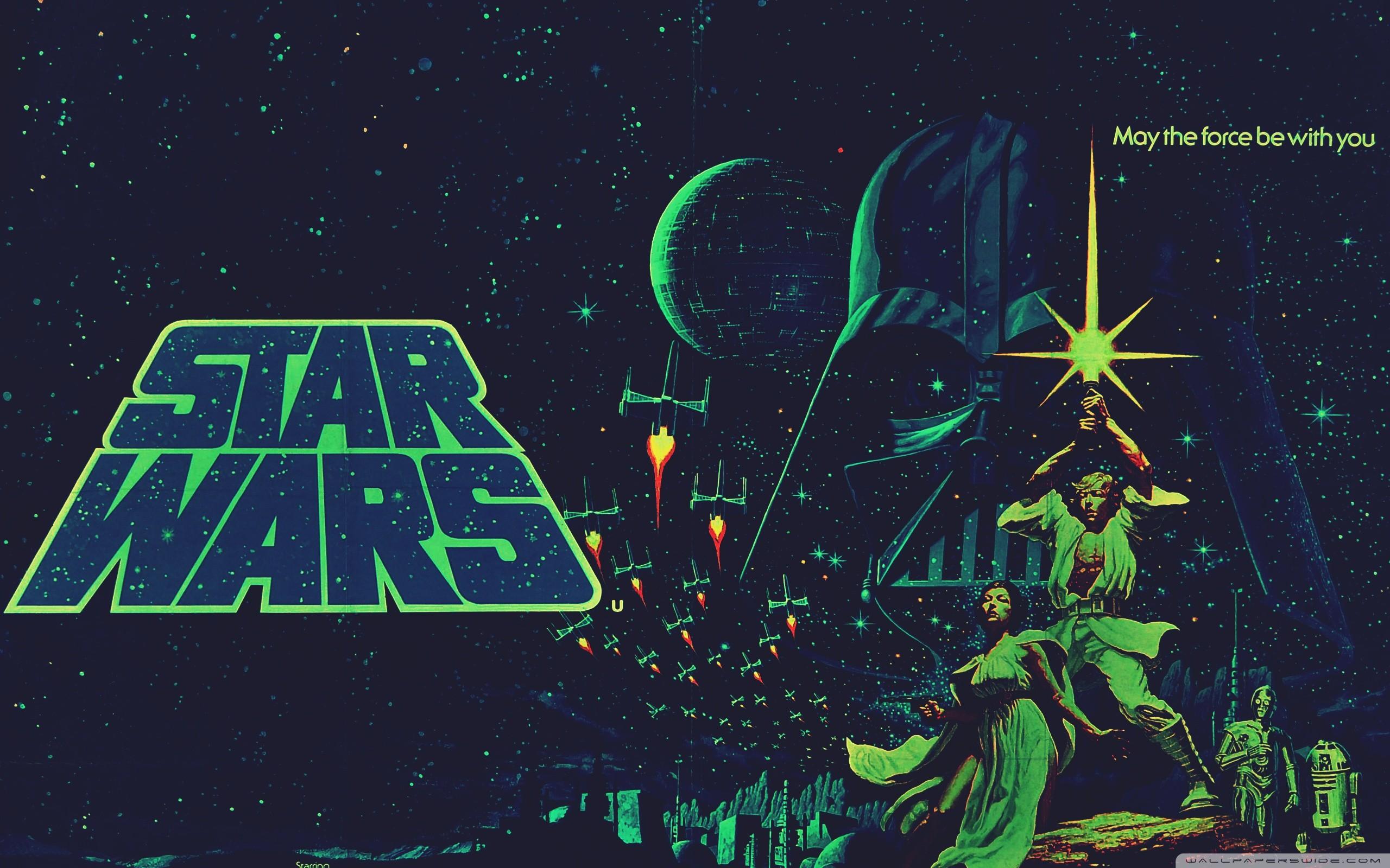 Star Wars, Darth Vader, Luke Skywalker, Prinzessin Leia, Filmplakat, Grünes Retro-Design, 2K-PC-Hintergrundbild