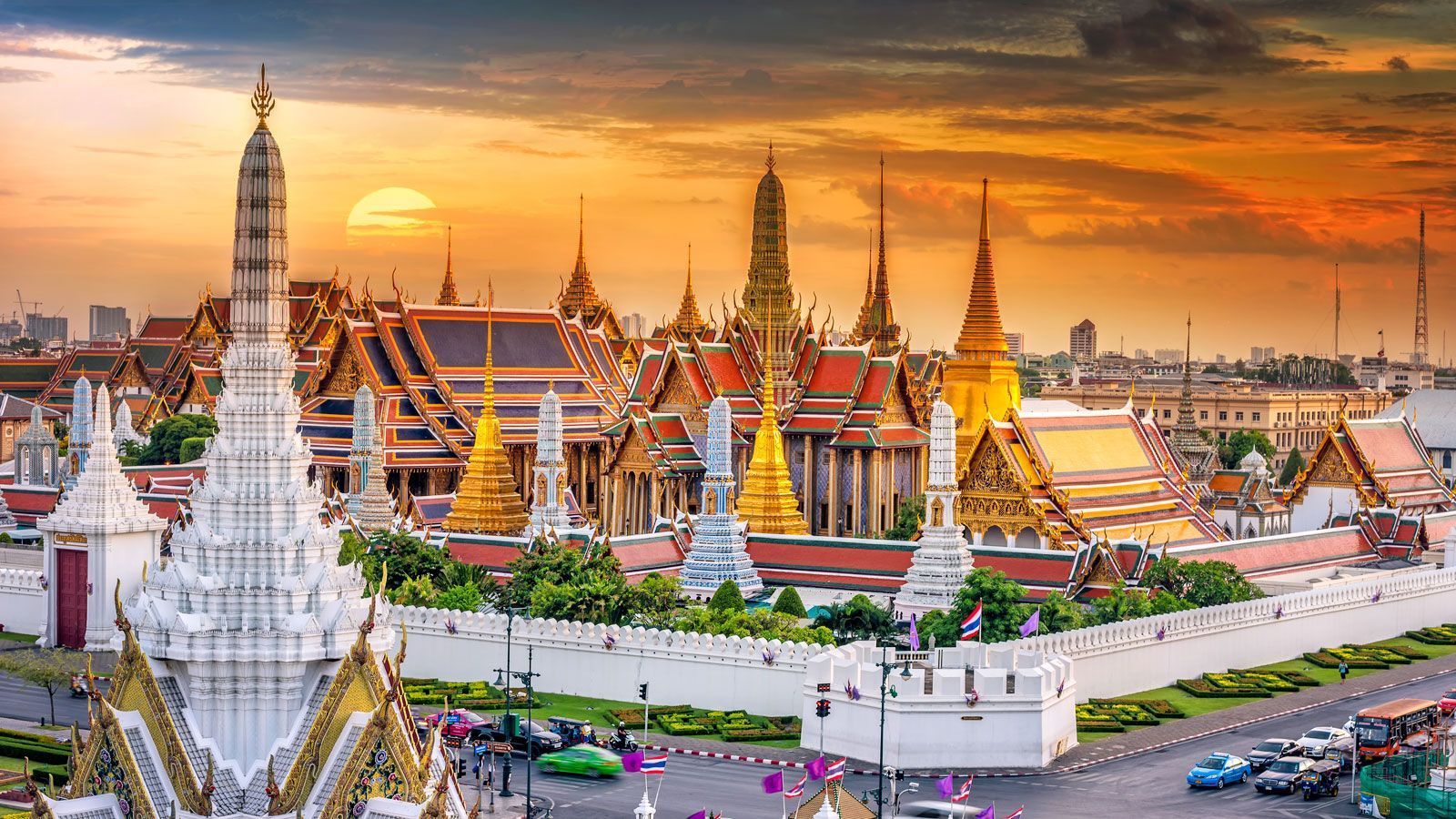 Großer Palast, Wat Phra Kaeo, Bangkok, Thailand, Tempel, Sonnenuntergang, HD, Desktop-Hintergrund