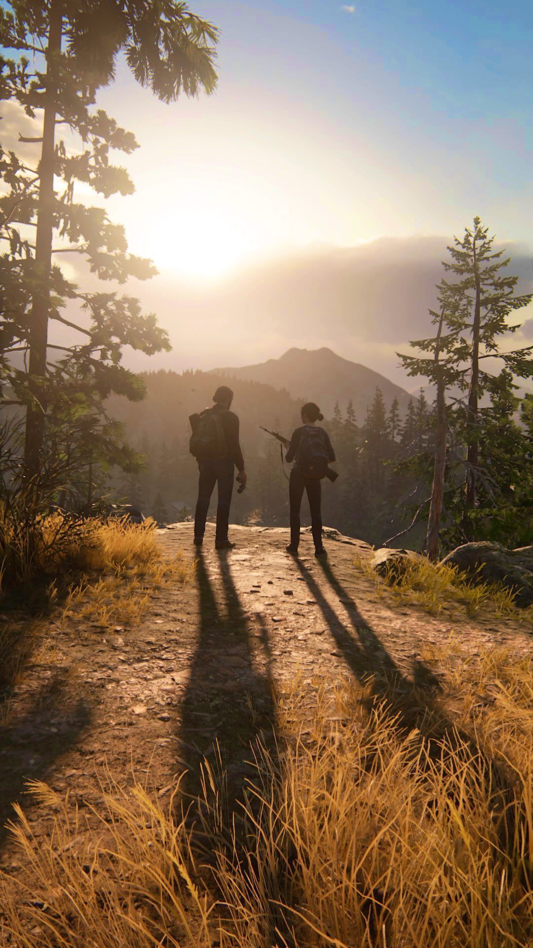 Joel, Ellie, The Last of Us, Sonnenuntergang, Schatten, Wiese, Full HD, Handy-Hintergrundbild