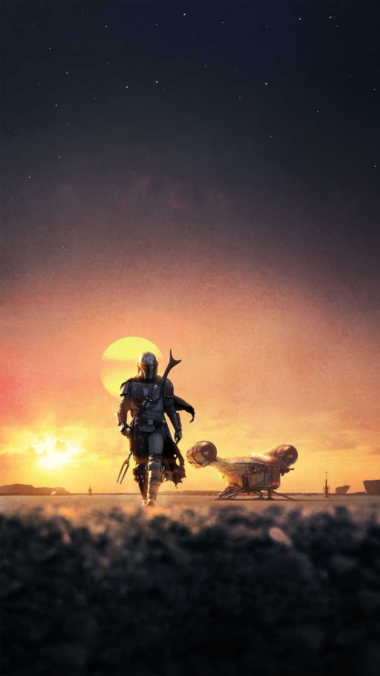 Der Mandalorianer, The Mandalorian, Silhouette, Sonnenuntergang, Hochformat, Handy-Hintergrundbild