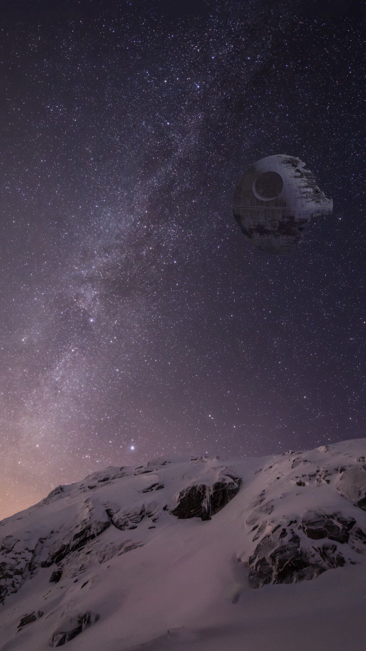 Todesstern, Star Wars, Milchstraße, Sternenhimmel, Verschneite Berge, 1242x2208, Handy-Hintergrund