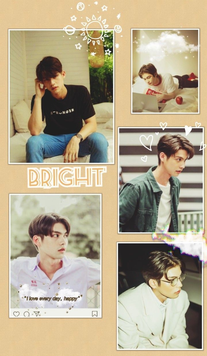 Bright Vachirawit, Collage, Polaroids, Thai-Schauspieler, Beige, HD, Handy-Hintergrundbild