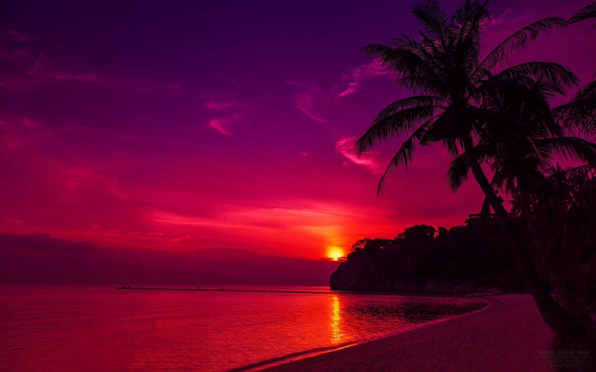 Sonnenuntergang, Palmen, Strand, Roter Himmel, Tropen, 16:10, Full-HD-Hintergrundbild für den Desktop