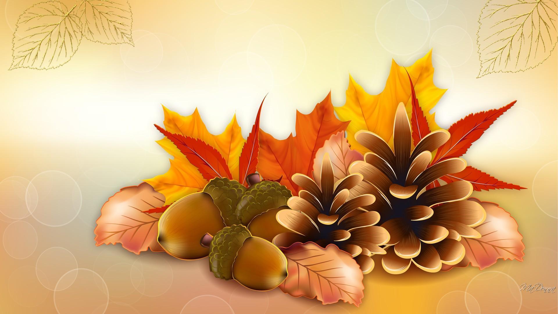 Tannenzapfen, Eicheln, Herbstblätter, Illustration, Bokeh, 1920x1080, PC-Hintergrundbild