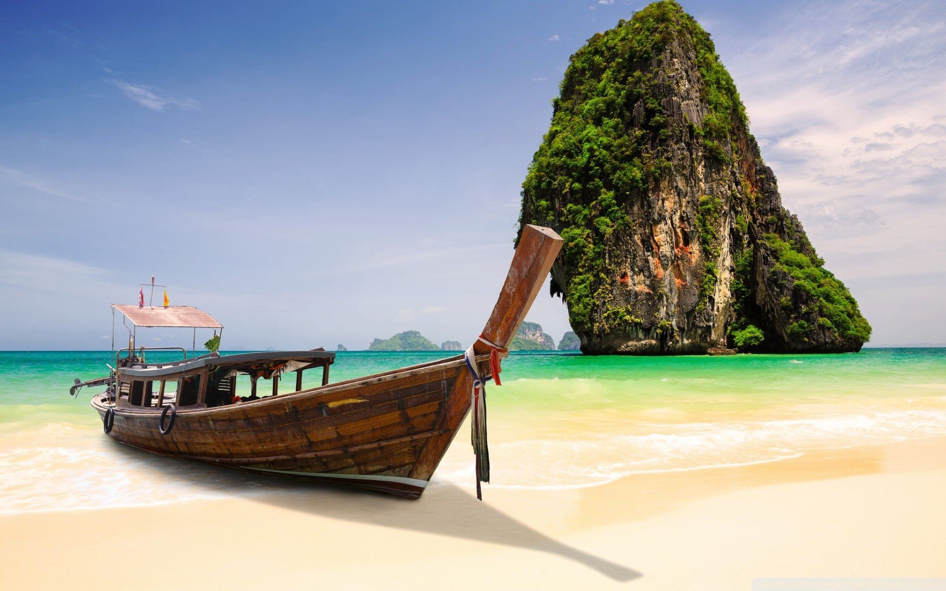 Railay Beach, Krabi, Thailand, Longtail-Boot, Kalkfelsen, Strand, Full HD, PC-Hintergrundbild