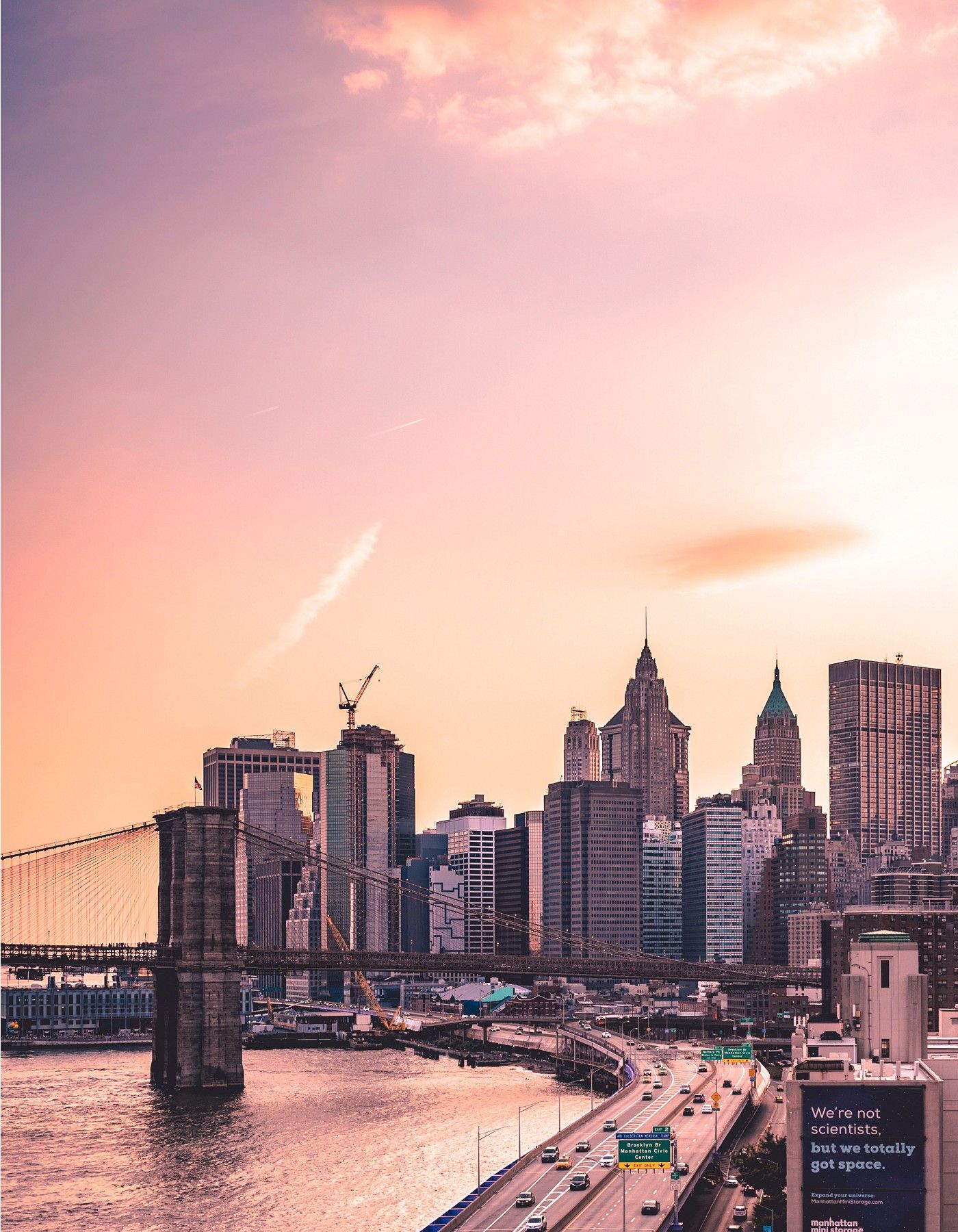 Brooklyn Bridge, Manhattan, New York, Skyline, Rosa Himmel, Full HD, Tablet-Hintergrund