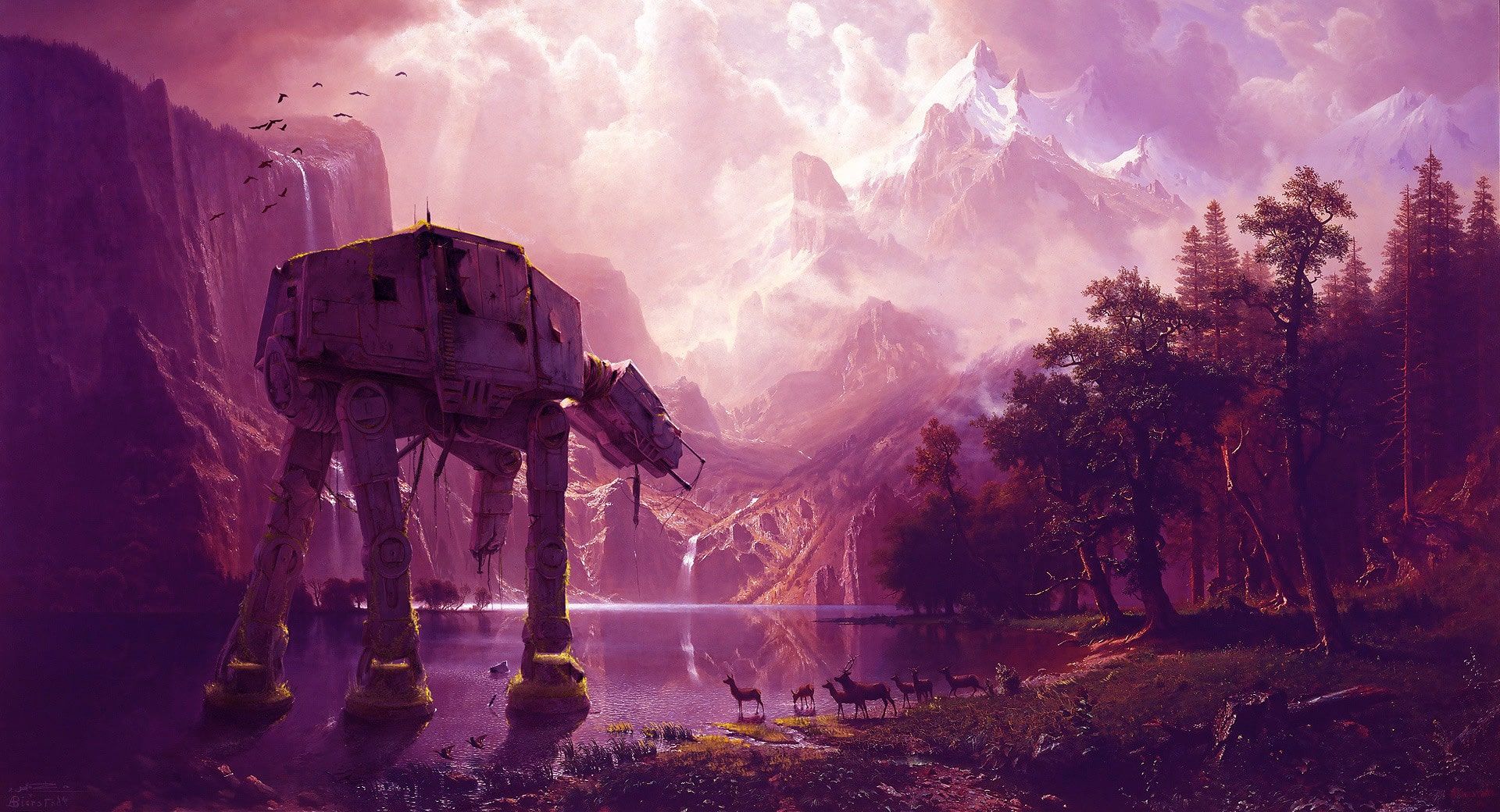 AT-AT, Star Wars, Gemälde, Berglandschaft, Lila Himmel, Wasserfall, Full HD, Desktop-Hintergrund