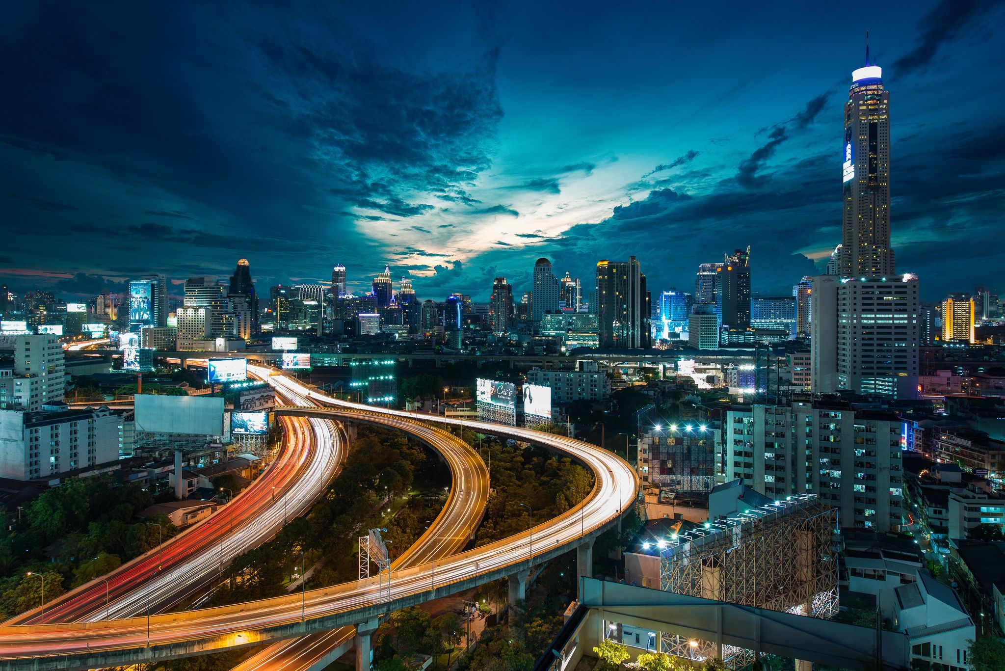Bangkok, Baiyoke Tower II, Skyline, Lichtspuren, Autobahn, Blaue Stunde, Full HD, Desktop-Hintergrund