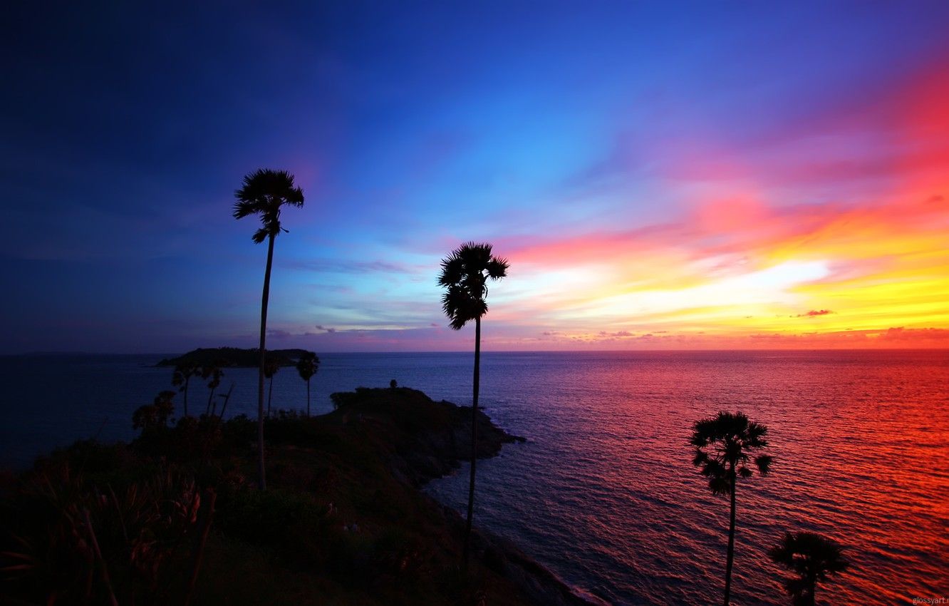 Sonnenuntergang, Palmen, Meer, Silhouette, Bunter Himmel, HD, Windows-Hintergrundbild
