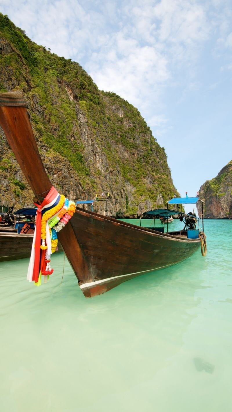 Longtail-Boot, Kalkfelsen, Türkises Wasser, Thailand, Strand, HD, Handy-Hintergrundbild