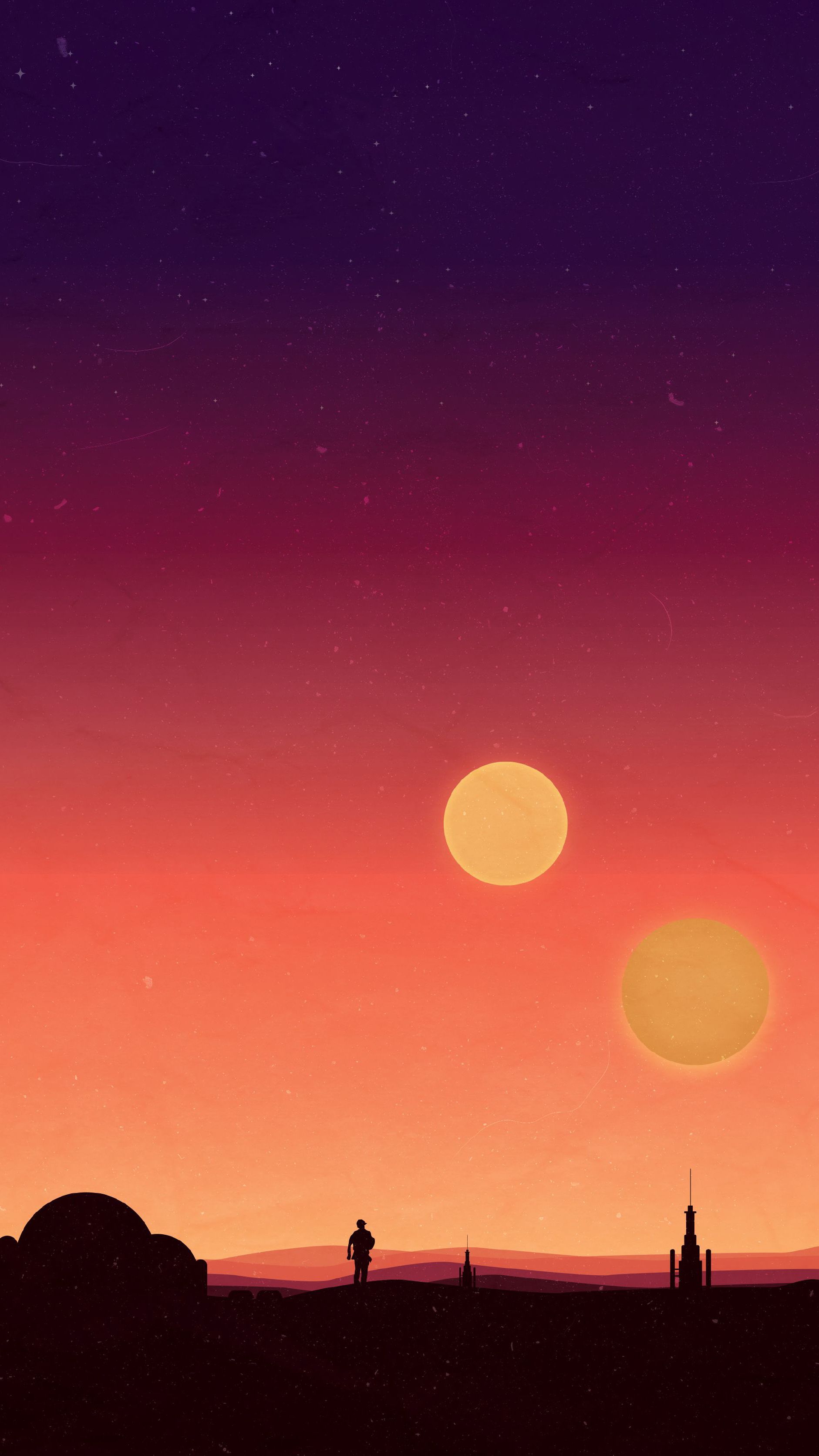 Tatooine, Zwei Sonnen, Star Wars, Silhouette, Sonnenuntergang, Minimalistisch, Sperrbildschirm