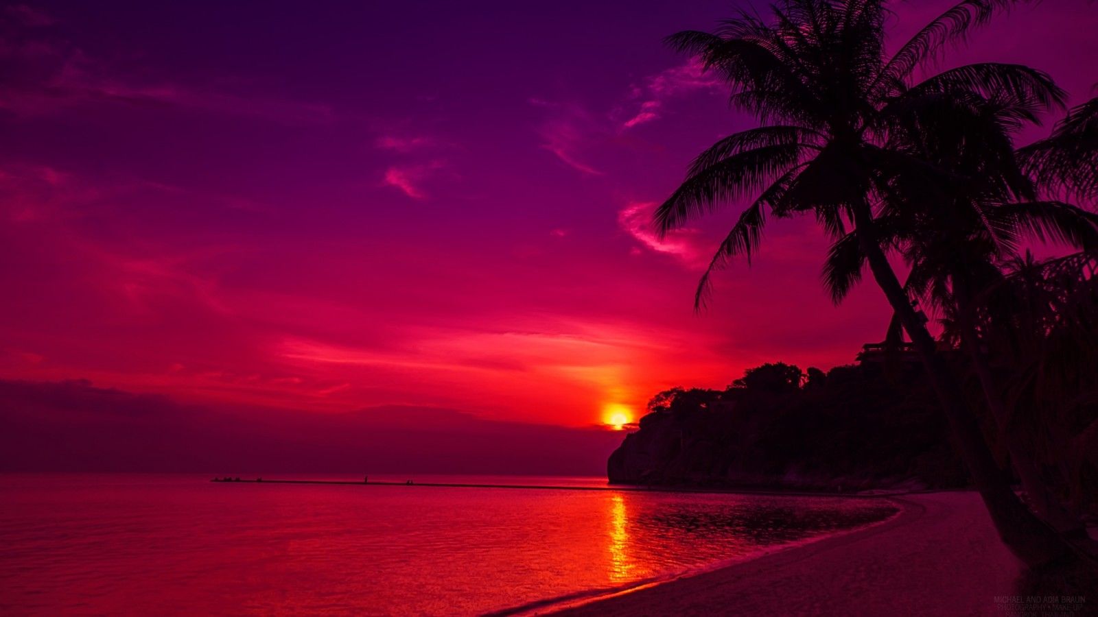 Sonnenuntergang, Palmen, Strand, Roter Himmel, Tropen, HD, Hintergrundbild für den PC