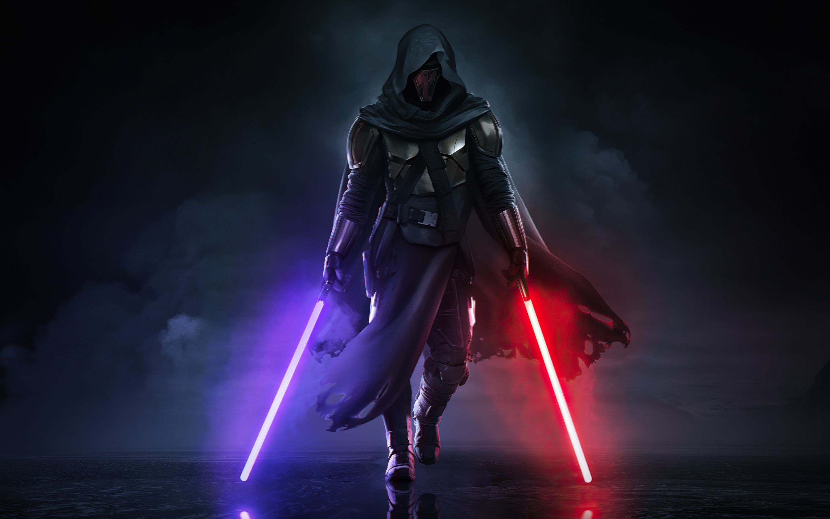 Sith, Star Wars, Lichtschwerter, Kapuze, Dunkel, Lila und Rot, 2K-Hintergrundbild für PC