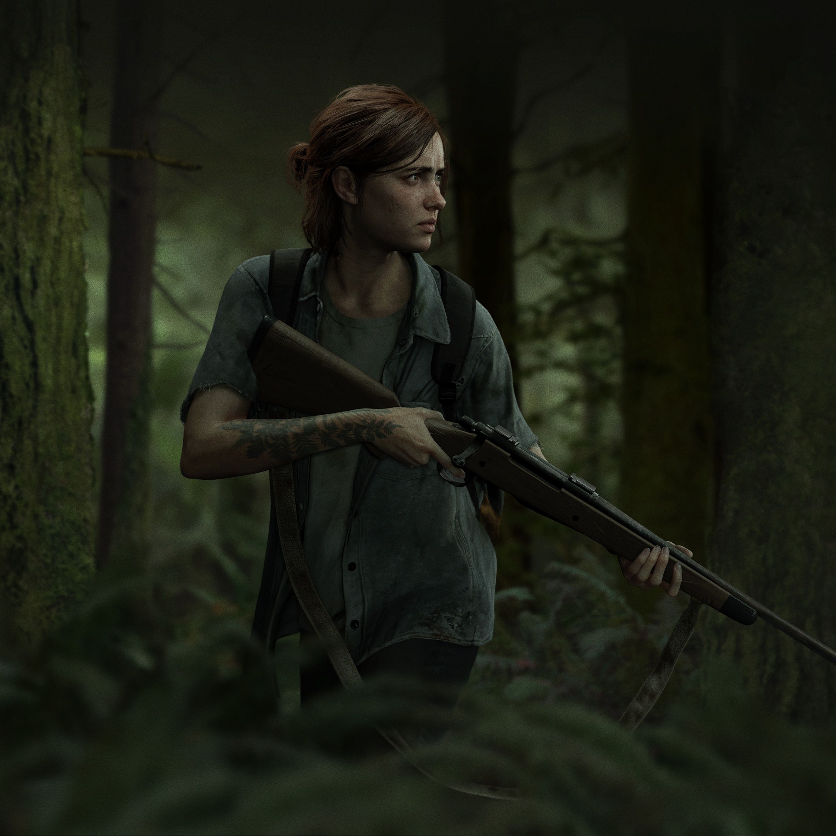 Ellie, The Last of Us Part II, Gewehr, Wald, Dunkelgrün, 2K, iPad-Hintergrundbild