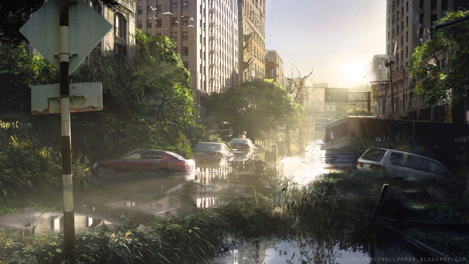 The Last of Us, Überflutete Stadt, Ruinen, Autos, Gegenlicht, HD, Laptop-Hintergrundbild