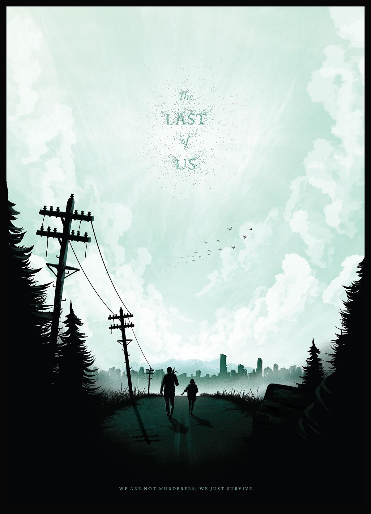 The Last of Us, Joel, Ellie, Glühwürmchen, Silhouetten, Minimalistisches Poster, iPad-Hintergrundbild