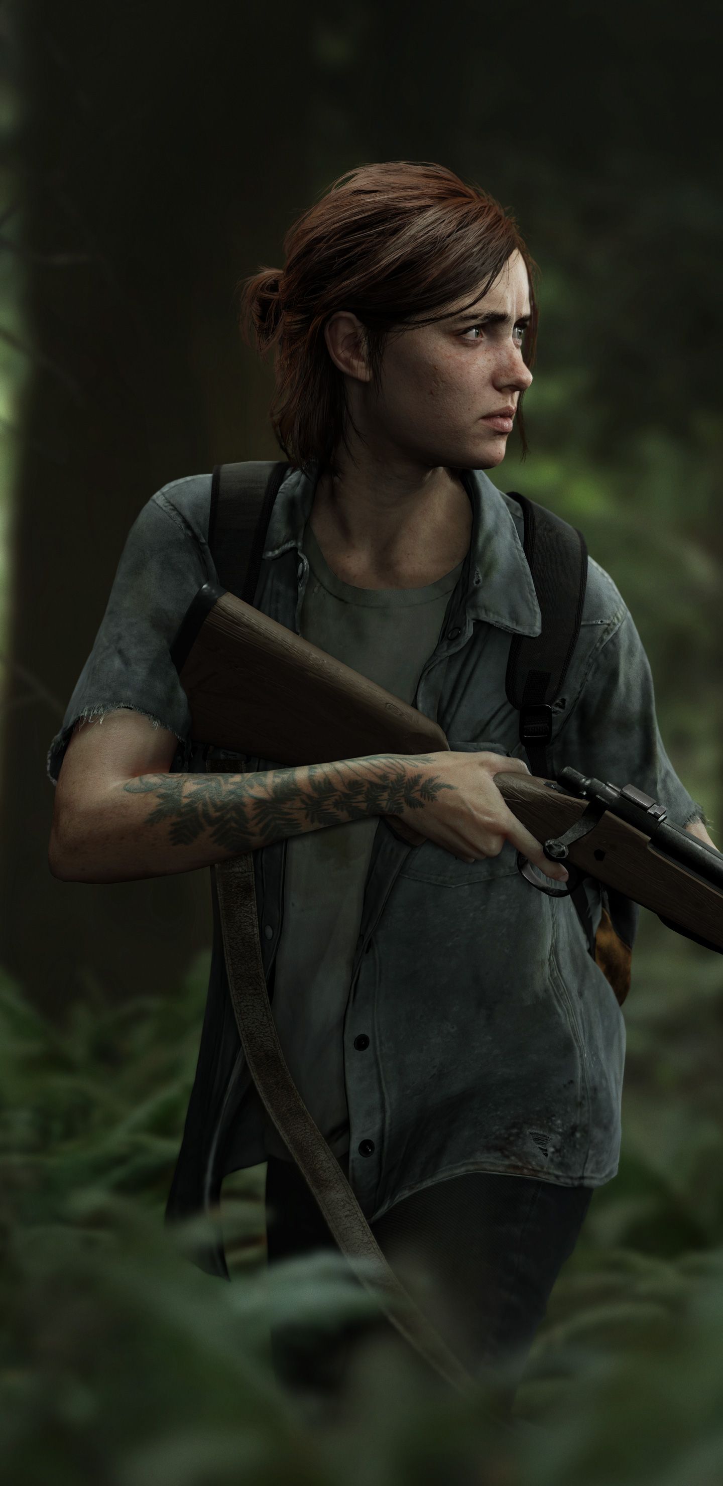 Ellie, The Last of Us Part II, Gewehr, Wald, Dunkelgrün, QHD+, Handy-Hintergrundbild