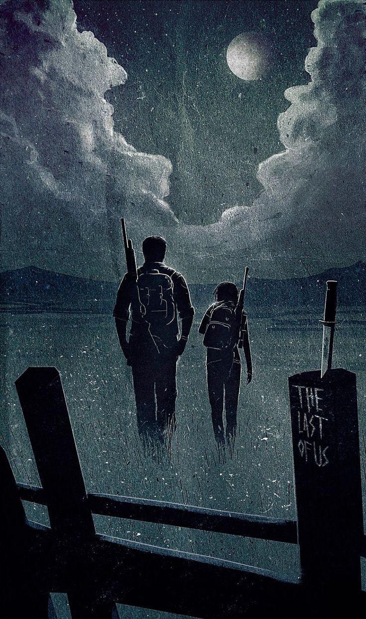 Joel, Ellie, The Last of Us, Mond, Wolken, Illustration, HD, Handy-Hintergrundbild