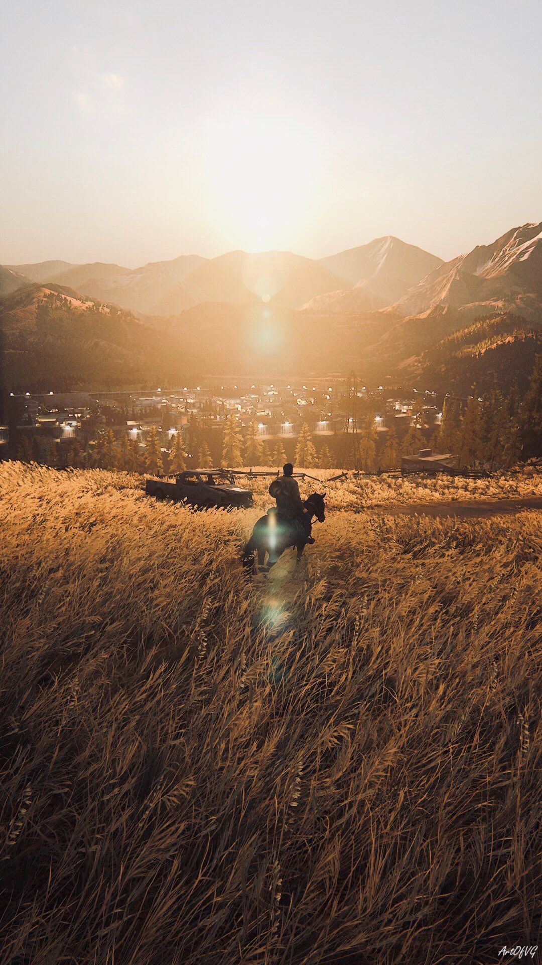 The Last of Us, Wiese, Sonnenuntergang, Pferd, Berge, Full HD, Sperrbildschirm fürs iPhone
