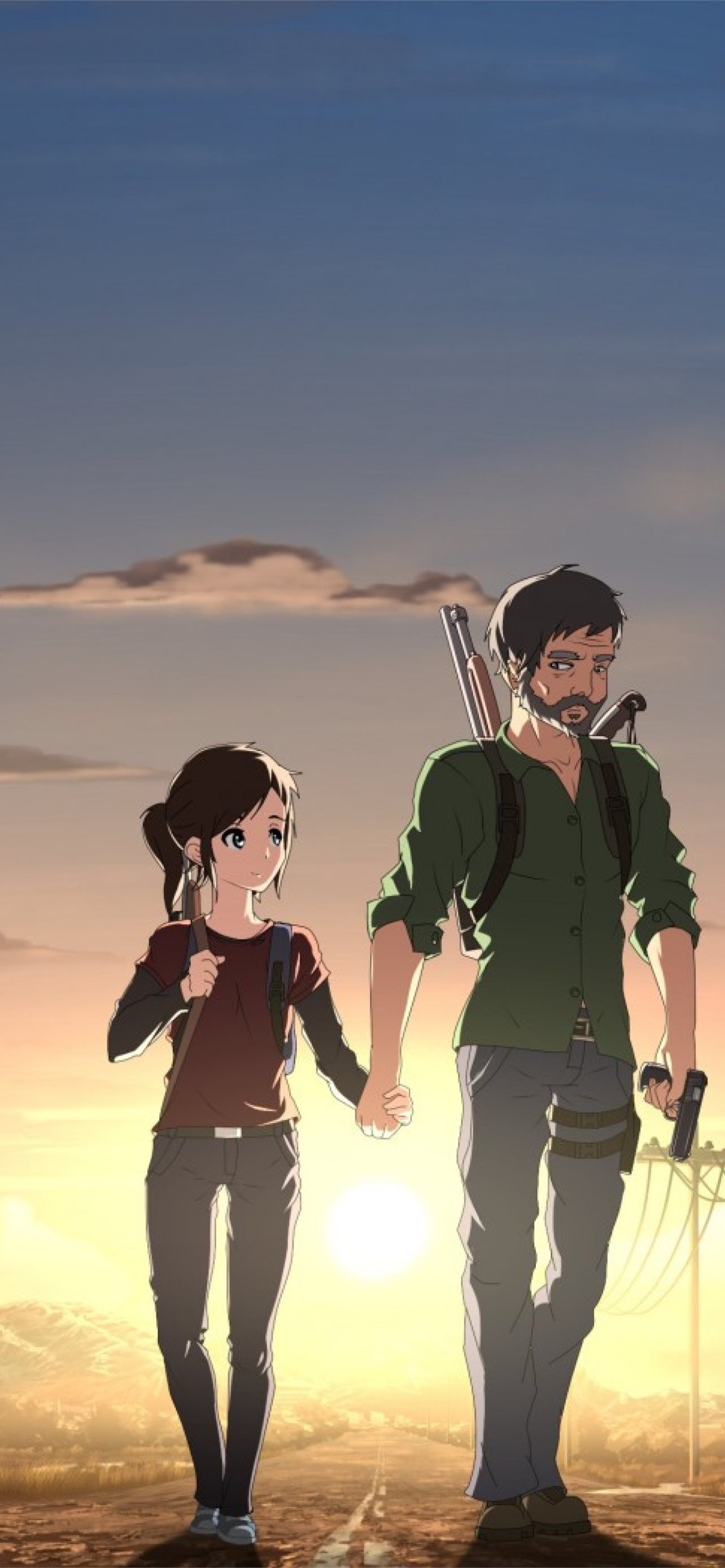 Ellie, Joel, The Last of Us, Sonnenuntergang, Fan-Art, Hintergrundbild für iPhone und Android