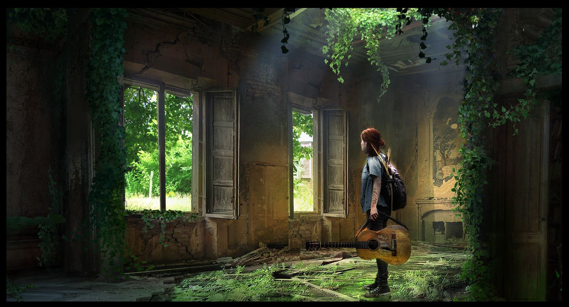 Ellie, The Last of Us Part II, Gitarre, Verfallener Raum, Efeu, HD, PC-Hintergrundbild