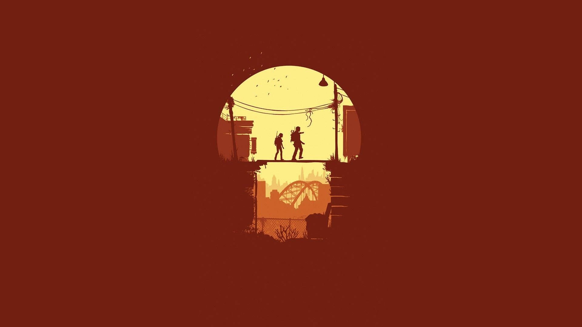 The Last of Us, Joel, Ellie, Silhouetten, Minimalismus, Rotbraun, Full HD, Laptop-Hintergrundbild