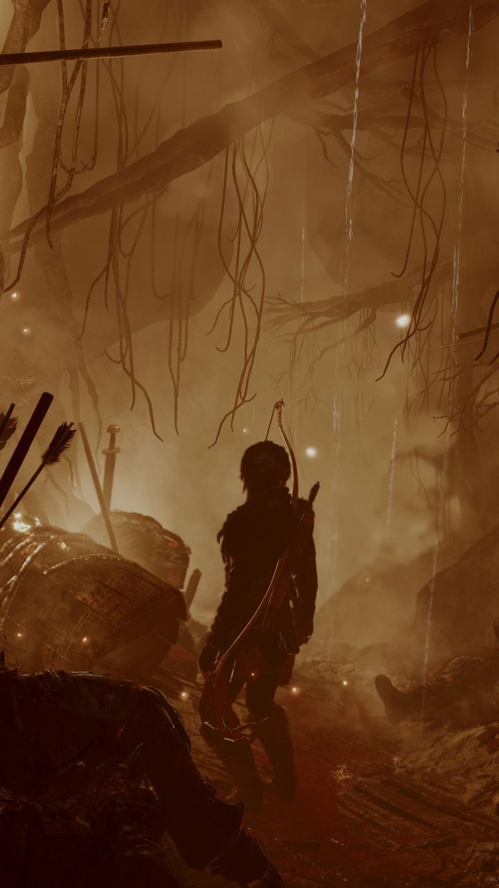 Lara Croft, Tomb Raider, Silhouette, Sepia, Nebel, HD, Hintergrundbild fürs Handy