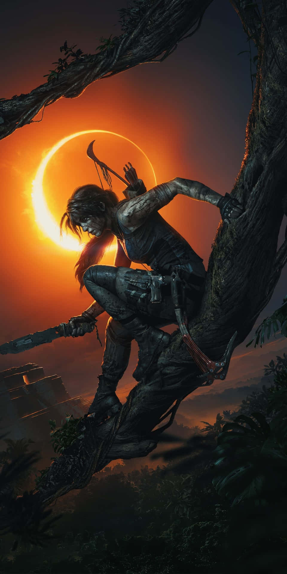 Lara Croft, Shadow of the Tomb Raider, Sonnenfinsternis, Baum, Messer, HD, Handy-Hintergrundbild