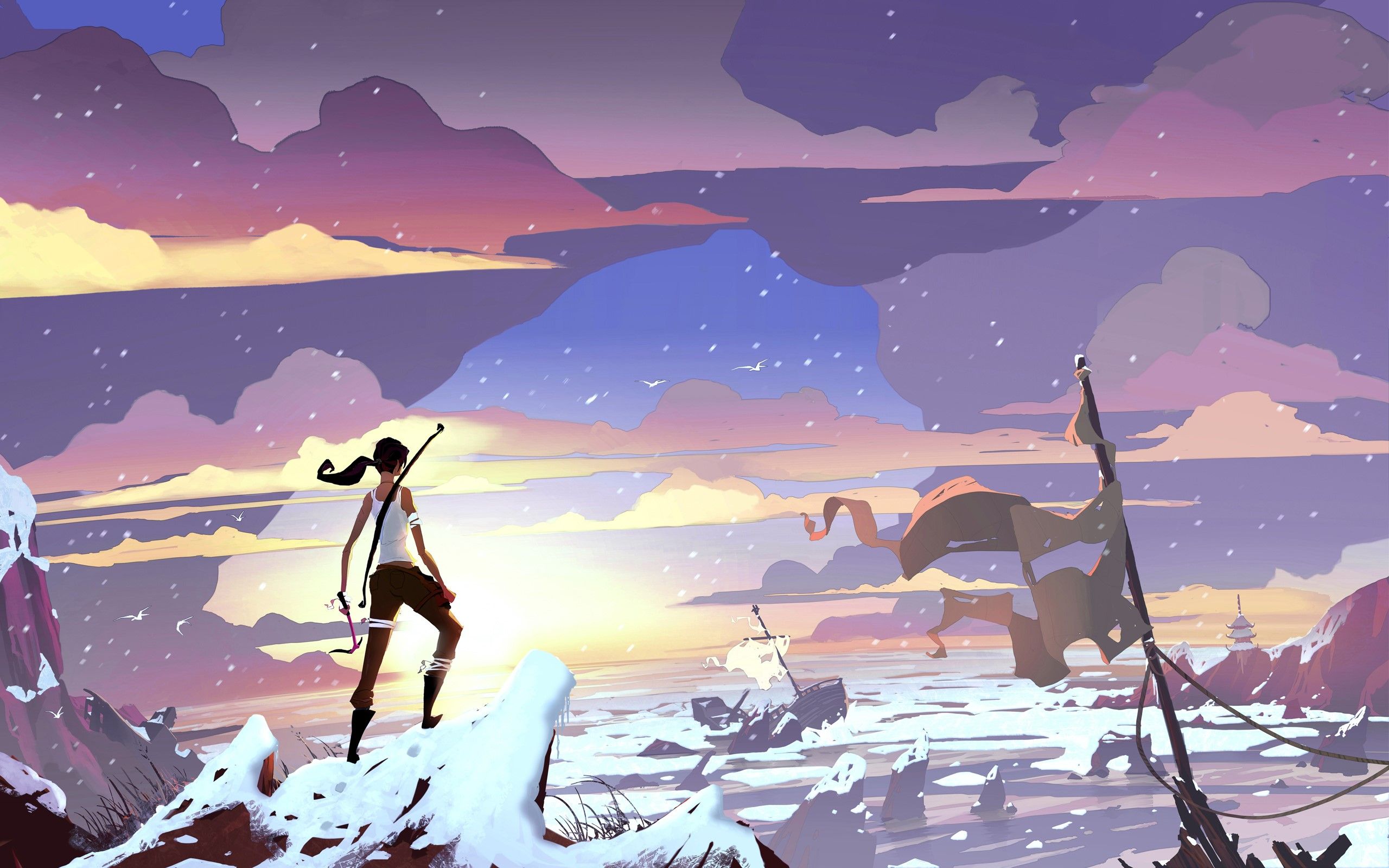 Lara Croft, Tomb Raider, Illustration, Schnee, Lila Himmel, 2K, Laptop-Hintergrundbild
