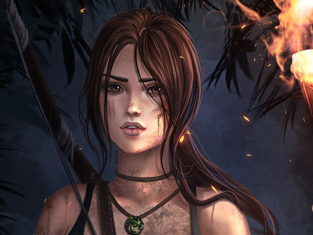Lara Croft, Tomb Raider, Porträt, Fan-Art, Feuer, Hintergrundbild für iPad und Tablet