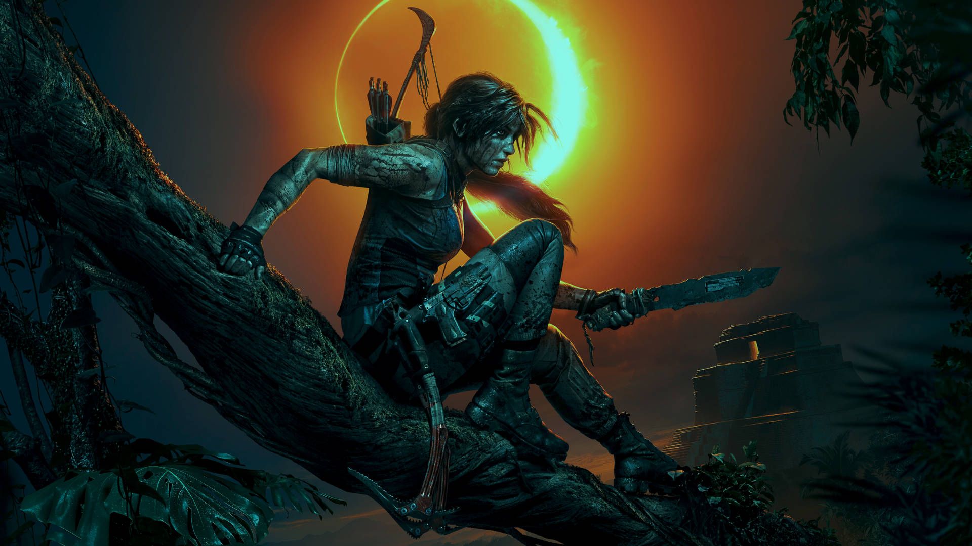 Lara Croft, Shadow of the Tomb Raider, Sonnenfinsternis, Dschungel, Messer, Full HD, Laptop-Hintergrundbild