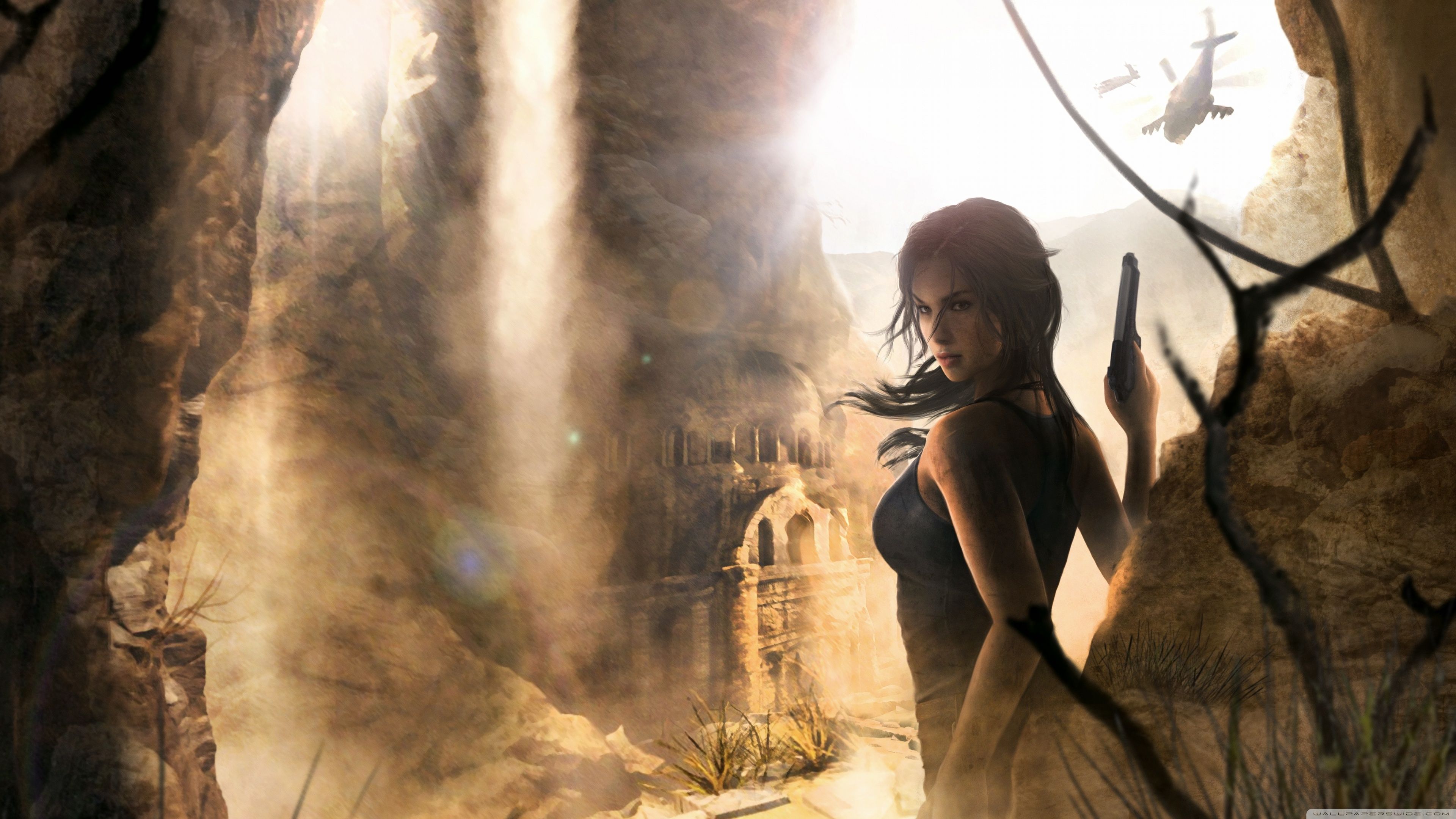Lara Croft, Tomb Raider, Wasserfall, Bogen, Hubschrauber, 4K, Desktop-Hintergrund